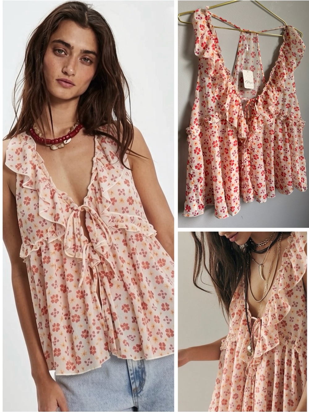 Free People Ruffle Racerback Tank Top Floral Sheer Tie-Front Layer Flowy Boho SM